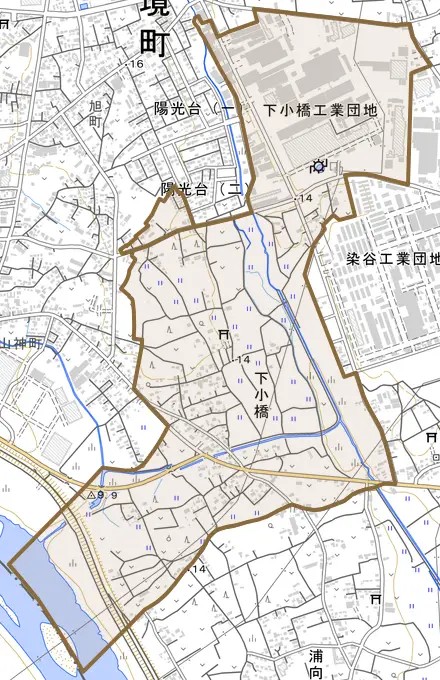 大字下小橋とその周辺の地図。町の範囲を重ねている