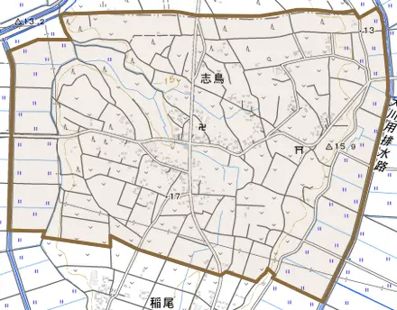 大字志鳥とその周辺の地図。町の範囲を重ねている