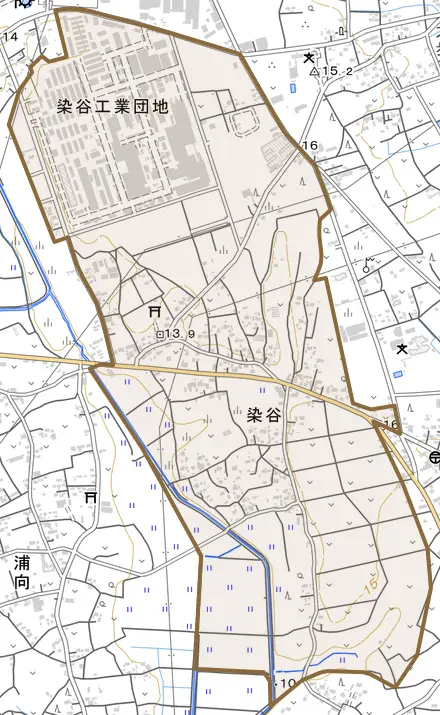 大字染谷とその周辺の地図。町の範囲を重ねている