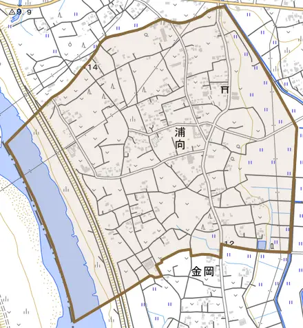 大字浦向とその周辺の地図。町の範囲を重ねている