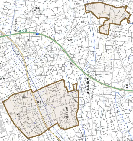 大字大歩とその周辺の地図。町の範囲を重ねている