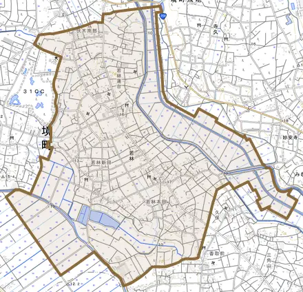 大字若林とその周辺の地図。町の範囲を重ねている