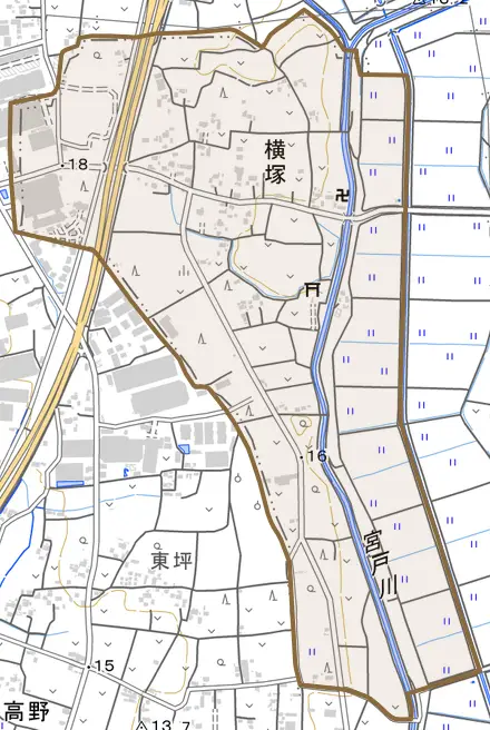 大字横塚とその周辺の地図。町の範囲を重ねている