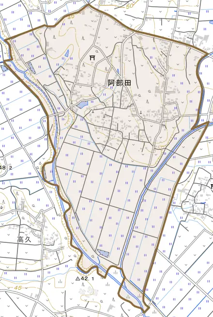 阿部田とその周辺の地図。町の範囲を重ねている