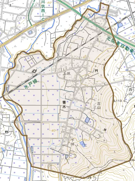 青木とその周辺の地図。町の範囲を重ねている