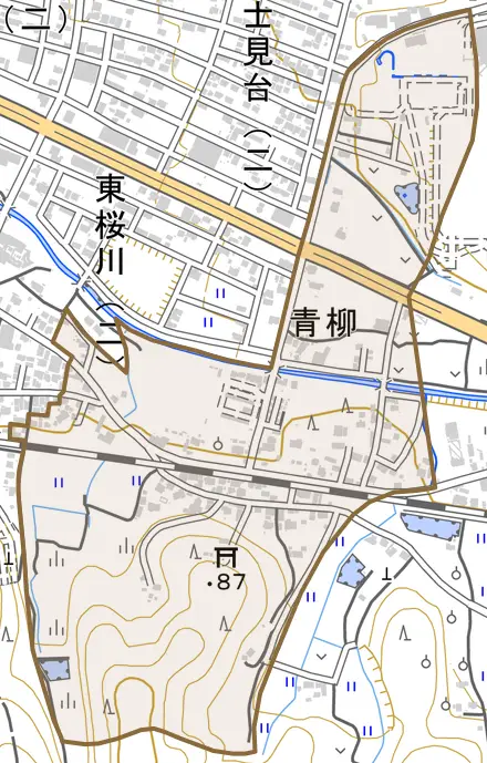 青柳とその周辺の地図。町の範囲を重ねている