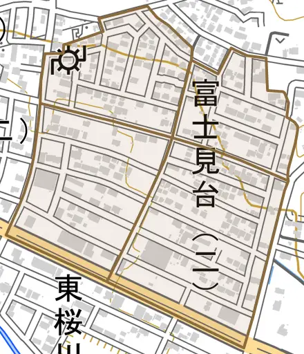 富士見台とその周辺の地図。町の範囲を重ねている