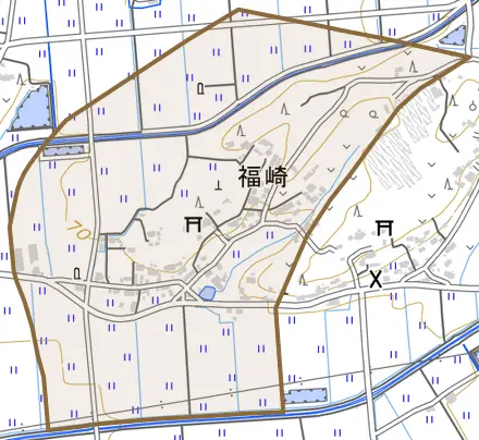 福崎とその周辺の地図。町の範囲を重ねている
