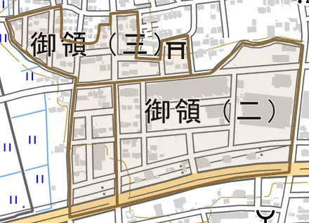 御領とその周辺の地図。町の範囲を重ねている