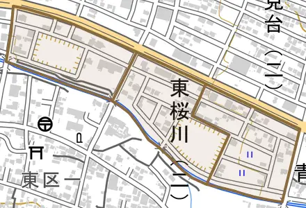 東桜川とその周辺の地図。町の範囲を重ねている
