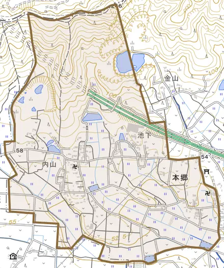 本郷とその周辺の地図。町の範囲を重ねている