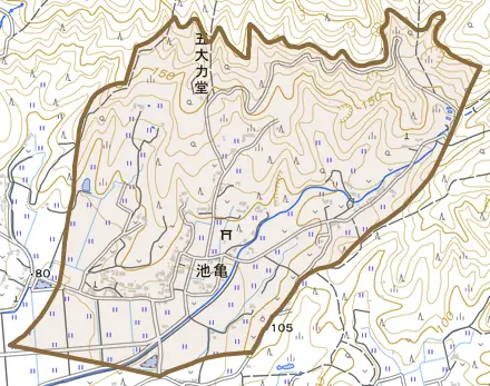 池亀とその周辺の地図。町の範囲を重ねている