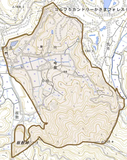 今泉とその周辺の地図。町の範囲を重ねている