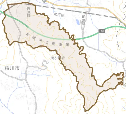 犬田とその周辺の地図。町の範囲を重ねている
