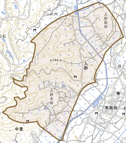 入野とその周辺の地図。町の範囲を重ねている