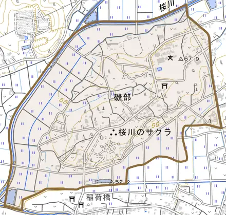 磯部とその周辺の地図。町の範囲を重ねている