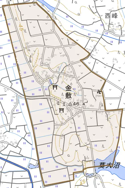 金敷とその周辺の地図。町の範囲を重ねている
