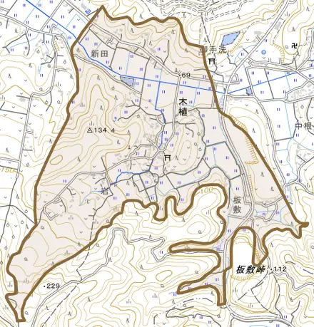 木植とその周辺の地図。町の範囲を重ねている