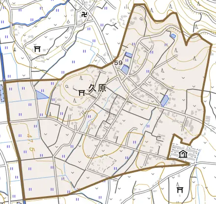 久原とその周辺の地図。町の範囲を重ねている