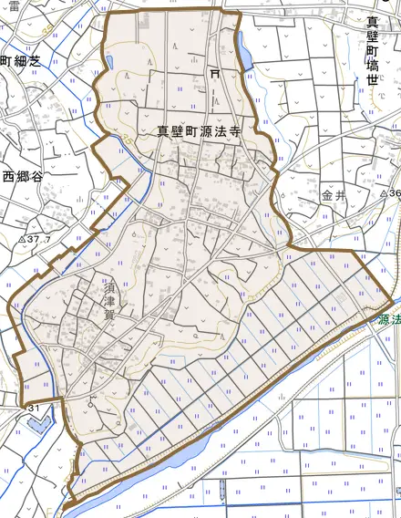 真壁町源法寺とその周辺の地図。町の範囲を重ねている