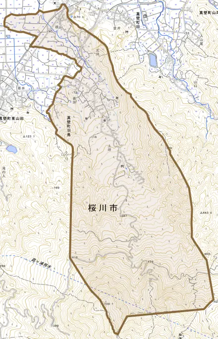 真壁町羽鳥とその周辺の地図。町の範囲を重ねている