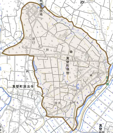 真壁町塙世とその周辺の地図。町の範囲を重ねている