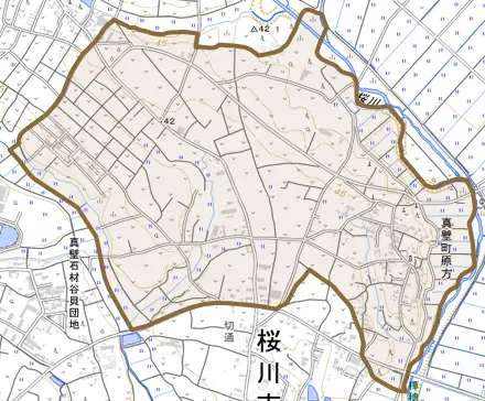 真壁町原方とその周辺の地図。町の範囲を重ねている