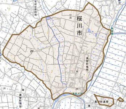 真壁町亀熊とその周辺の地図。町の範囲を重ねている
