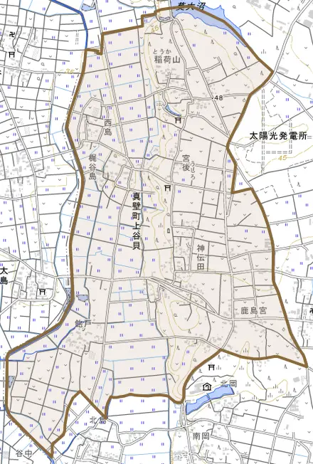 真壁町上谷貝とその周辺の地図。町の範囲を重ねている