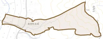 真壁町長岡とその周辺の地図。町の範囲を重ねている