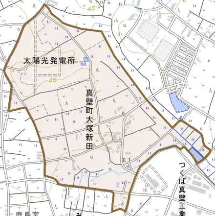 真壁町大塚新田とその周辺の地図。町の範囲を重ねている