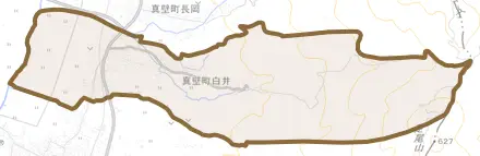 真壁町白井とその周辺の地図。町の範囲を重ねている