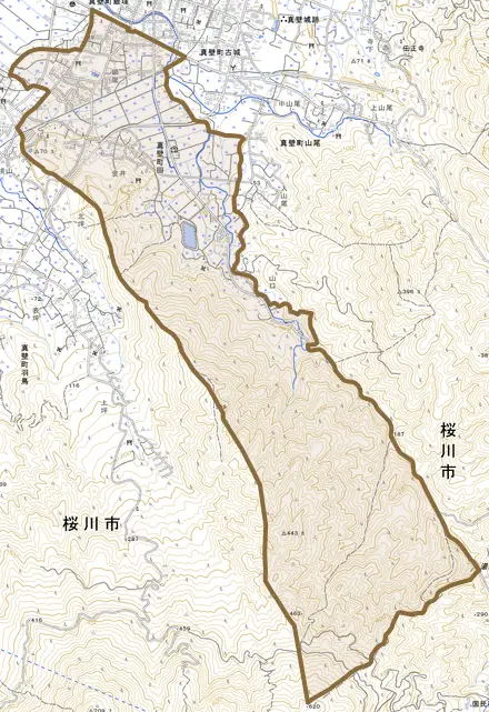 真壁町田とその周辺の地図。町の範囲を重ねている