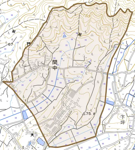 間中とその周辺の地図。町の範囲を重ねている
