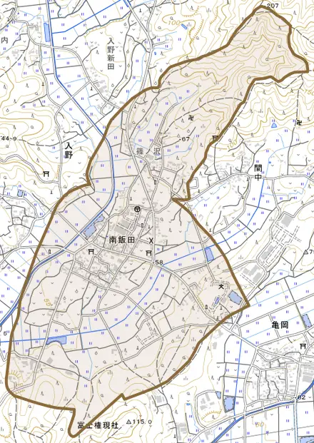 南飯田とその周辺の地図。町の範囲を重ねている