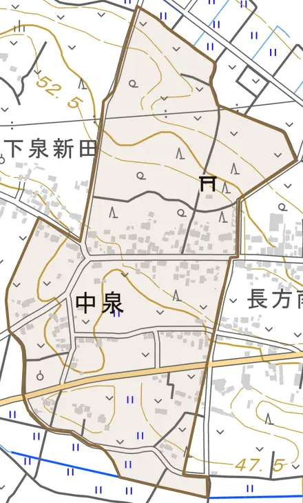中泉とその周辺の地図。町の範囲を重ねている