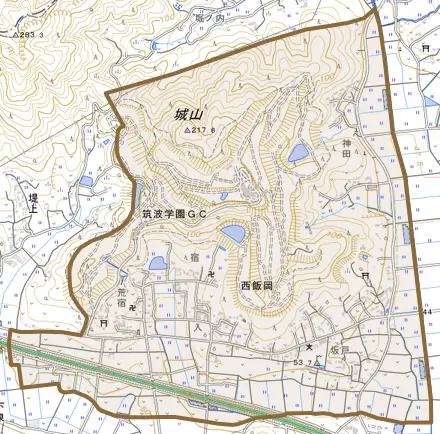 西飯岡とその周辺の地図。町の範囲を重ねている