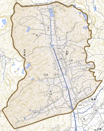 大泉とその周辺の地図。町の範囲を重ねている