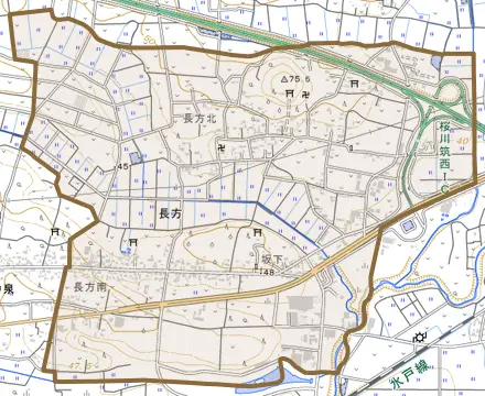 長方とその周辺の地図。町の範囲を重ねている