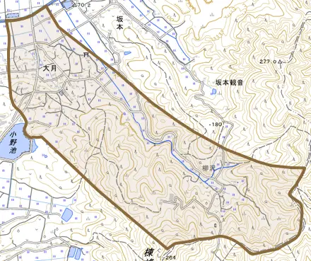 大月とその周辺の地図。町の範囲を重ねている