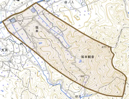 坂本とその周辺の地図。町の範囲を重ねている