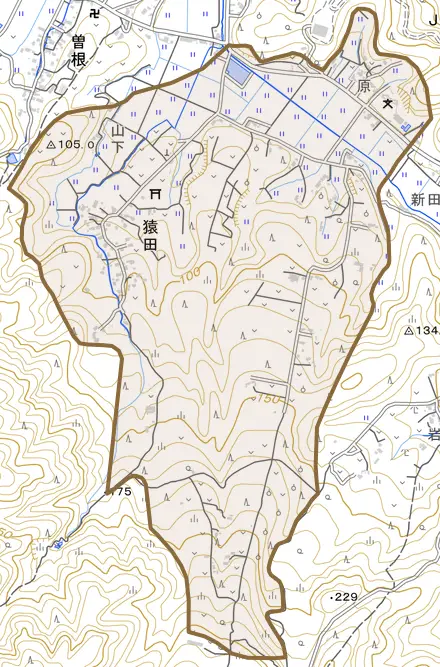 猿田とその周辺の地図。町の範囲を重ねている