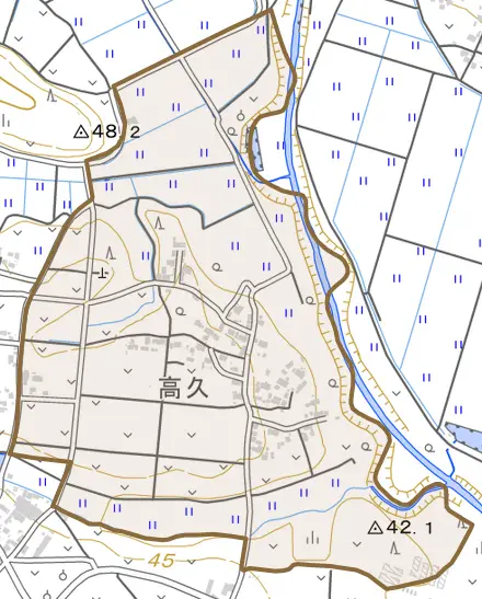 高久とその周辺の地図。町の範囲を重ねている