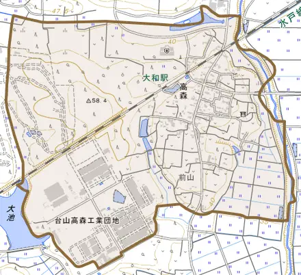 高森とその周辺の地図。町の範囲を重ねている