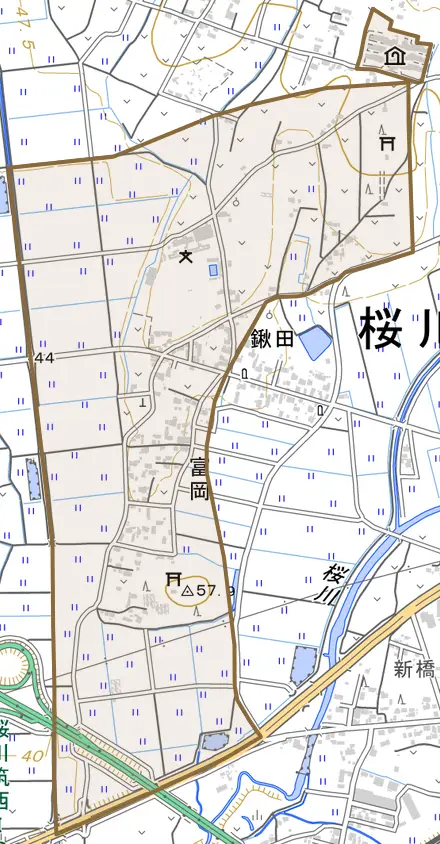 富岡とその周辺の地図。町の範囲を重ねている