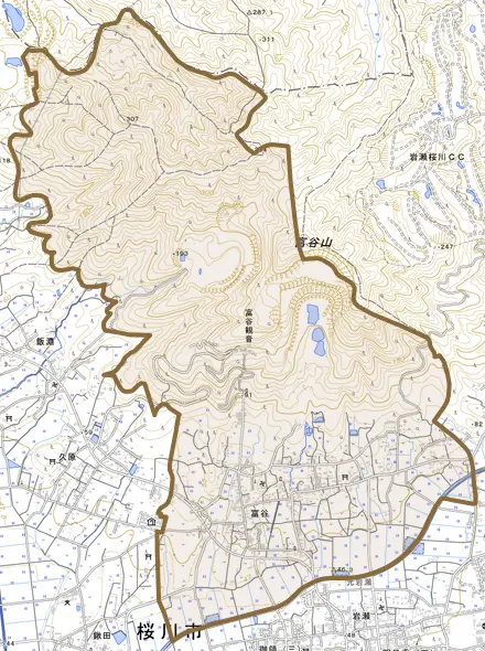 富谷とその周辺の地図。町の範囲を重ねている