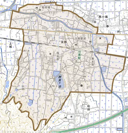 友部とその周辺の地図。町の範囲を重ねている