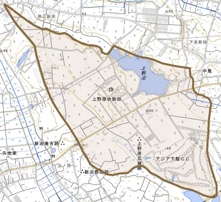 上野原地新田とその周辺の地図。町の範囲を重ねている