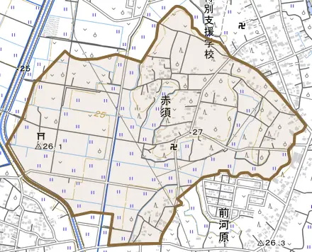 赤須とその周辺の地図。町の範囲を重ねている