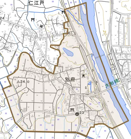 別府とその周辺の地図。町の範囲を重ねている